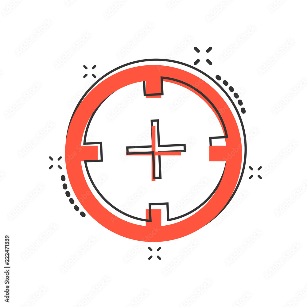 Vector cartoon shooting target icon in comic style. Aim sniper concept illustration pictogram. Target aim business splash effect concept. Vector cartoon shooting target icon in comic style. Aim sniper concept illustration pictogram. Target aim business splash effect concept.