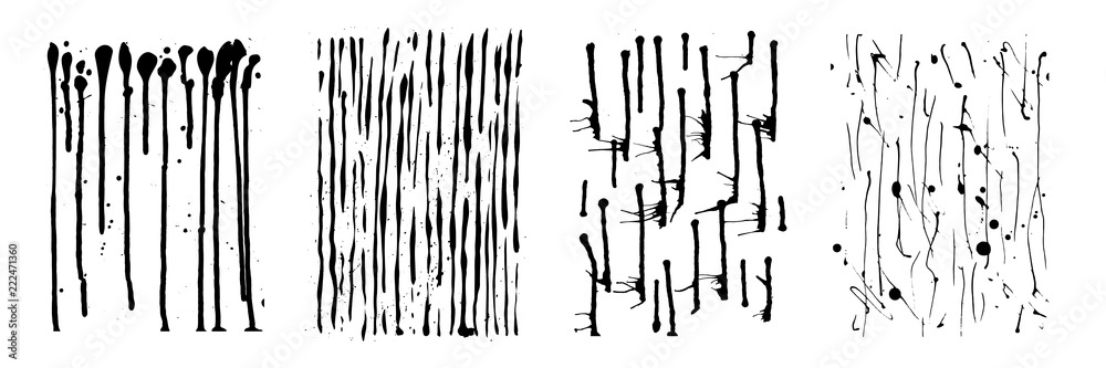 Vector drips of black ink. Vertical lines, drops and splashes. Different size. Set of four unique patterns Vector drips of black ink. Vertical lines, drops and splashes. Different size. Set of four unique patterns