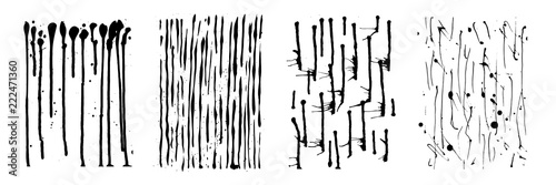 Vector drips of black ink. Vertical lines, drops and splashes. Different size. Set of four unique patterns