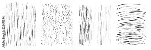 Vector drips of black ink. Small dots, drops and splashes. Different size. Set of four unique patterns