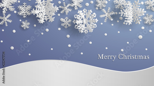 Christmas illustration with white three-dimensional paper snowflakes on gray background with snowdrifts