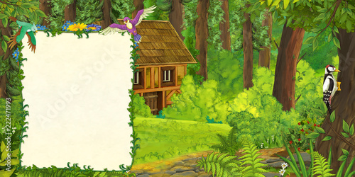 cartoon scene with beautiful medieval wooden house hidden in the forest - with space for text - il(lustration for children