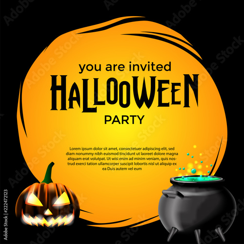 Halloween party with jack lantern and potion on the pot. Trick or Treat invitation. poster banner template.