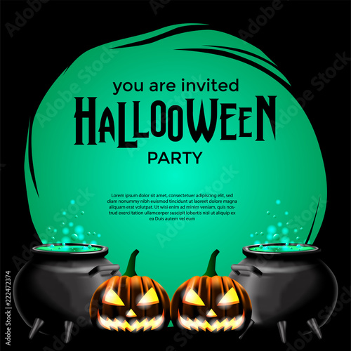 Halloween party with potion in the pot and jack lantern. Trick or Treat invitation. poster banner template.