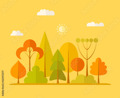 Autumn landscape. Colorful banner with panorama of autumn forestn in a flat style. Leaf fall. Seasonal vector card. photo
