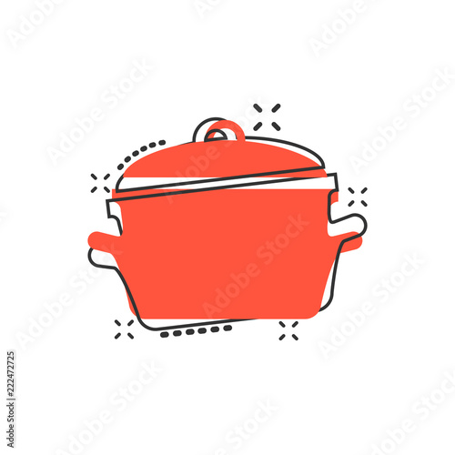 Vector cartoon cooking pan icon in comic style. Kitchen pot concept illustration pictogram. Saucepan equipment business splash effect concept.