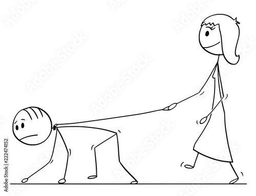 Cartoon stick drawing conceptual illustration of woman walking with man on a leash. Concept of love,relationship and dominance.