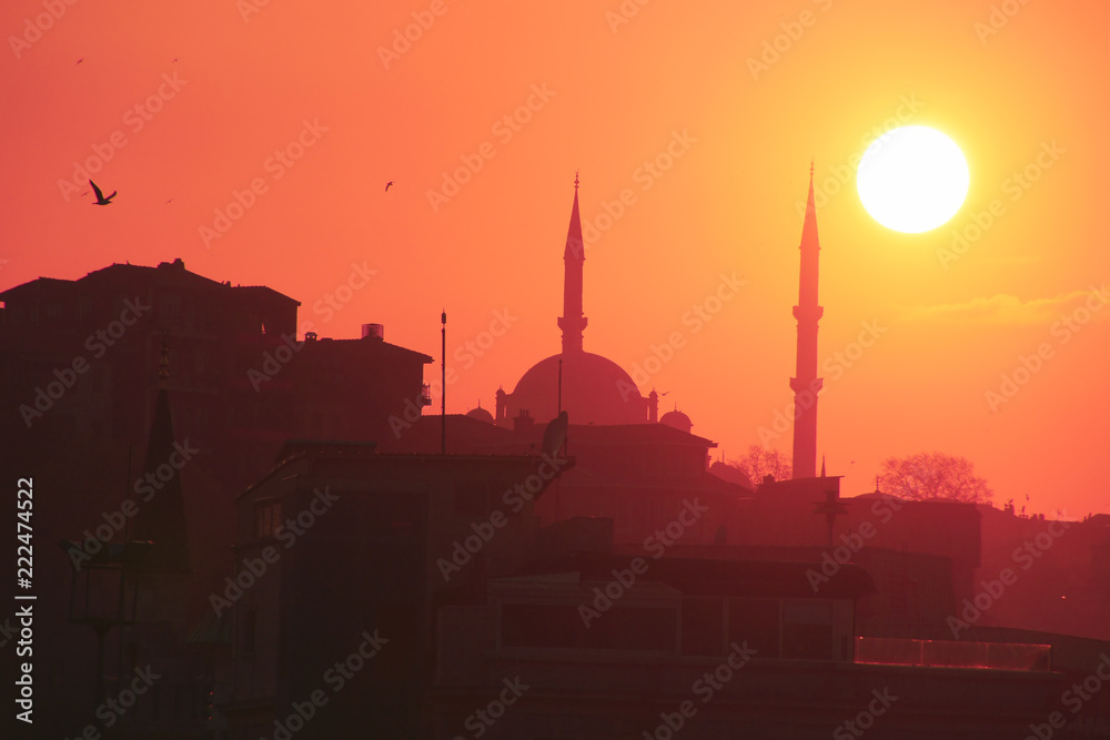A romantic sunset in Istanbul, the historical metropolis in Bosporus