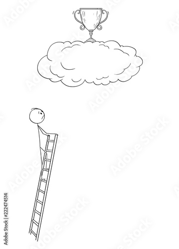 Cartoon stick drawing conceptual illustration of man or businessman who is trying to achieve the trophy cup representing success high on the sky, but his ladder is too short. Business concept of