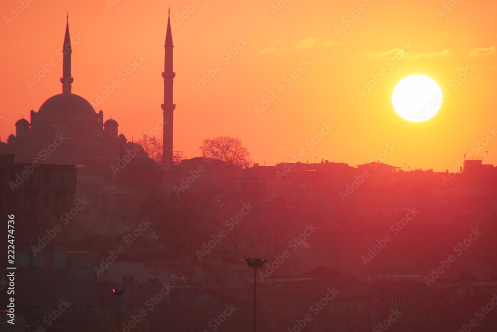 A romantic sunset in Istanbul, the historical metropolis in Bosporus
