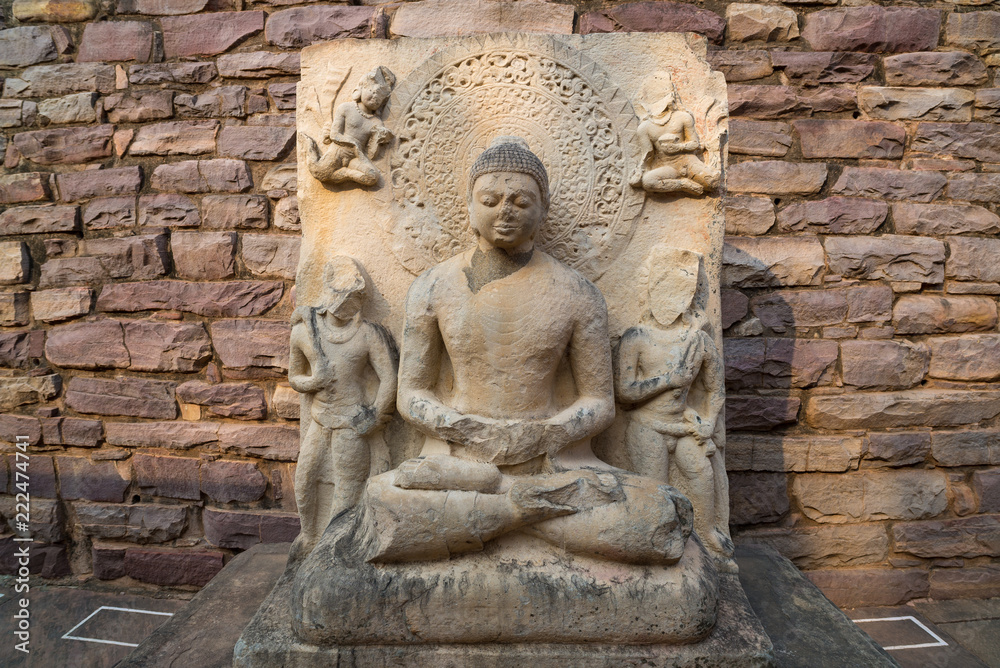 Sanchi Stupa, Ancient buddhist building, religion mystery, carved stone. Travel destination in Madhya Pradesh, India.