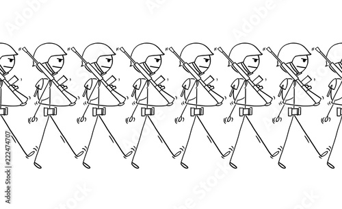 Cartoon stick drawing conceptual illustration of modern soldiers marching on parade or in to war. Concept of militarism. Tileable image.