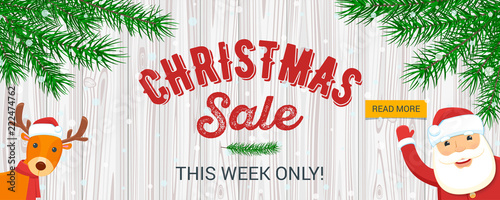 Christmas sale banner. Santa Claus and reindeer. Vector illustration