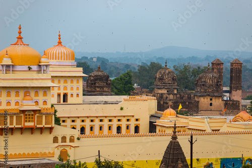 Orchha cityscape, kitsch yellow Ram Raja temple. Also spelled Orcha, famous travel destination in Madhya Pradesh, India.