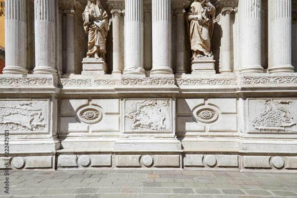 Baroque, white architecture with statues and columns background in a sunny day in Italy