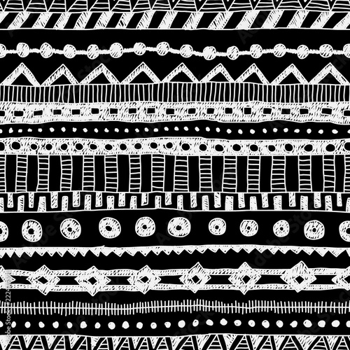 Ethnic black and white seamless pattern. Striped print for textiles drawn by hand. Vintage ornament. Vector illustration.