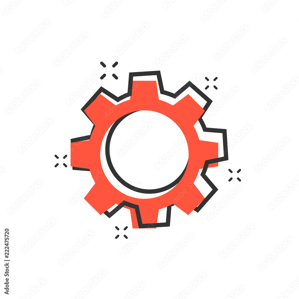 Vector cartoon gear icon in comic style. Cog wheel concept illustration pictogram. Gearwheel cogwheel business splash effect concept.