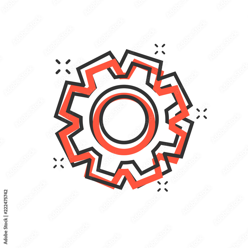 Vector cartoon gear icon in comic style. Cog wheel concept illustration pictogram. Gearwheel cogwheel business splash effect concept. Vector cartoon gear icon in comic style. Cog wheel concept illustration pictogram. Gearwheel cogwheel business splash effect concept.