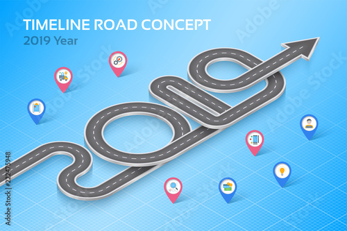 Isometric navigation map infographic timeline concept 2019 year.