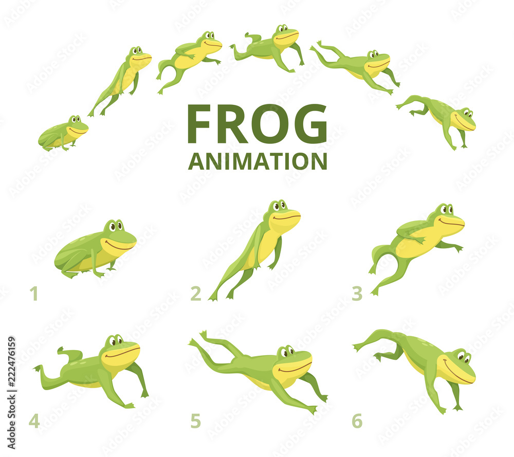 Frog jumping animation. Various keyframes for green animal. Vector frog