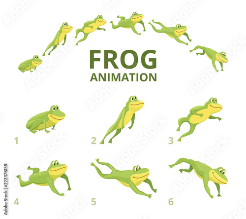 Frog jumping animation. Various keyframes for green animal. Vector frog animation, jump amphibian animated illustration