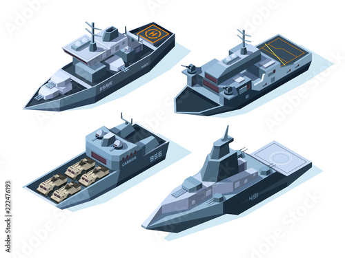 Isometric warships. Vector military boats. Illustration of warship military, ship and boat, vessel nautical with weapon for army