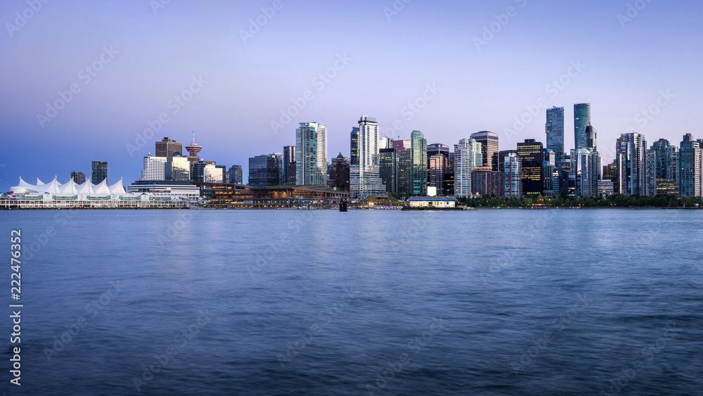 Vancouver skyline at dusk, Vancouver, British Columbia, Canada.