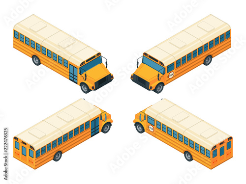 School bus isometric. Various views of school bus. Vector school bus transportation illustration