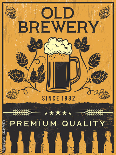 Retro poster of brewery. Vector template illustration. Beer brewery banner, restaurant pub poster