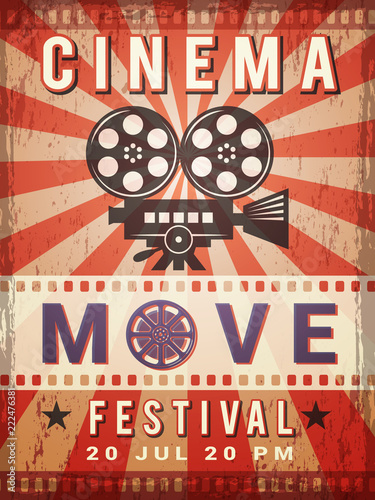 Cinema poster. Vintage design template of video and cinema production poster. Vector production and entertainment cinematography illustration