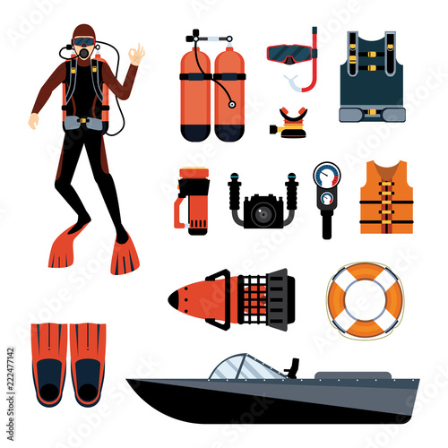 Scuba Diver with Scuba Gear and Equipment