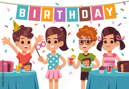 Children birthday party. Kids celebrating anniversary. Vector birthday background with cartoon boys and girls. Illustration of anniversary kids party  girl and boy on birthday holiday
