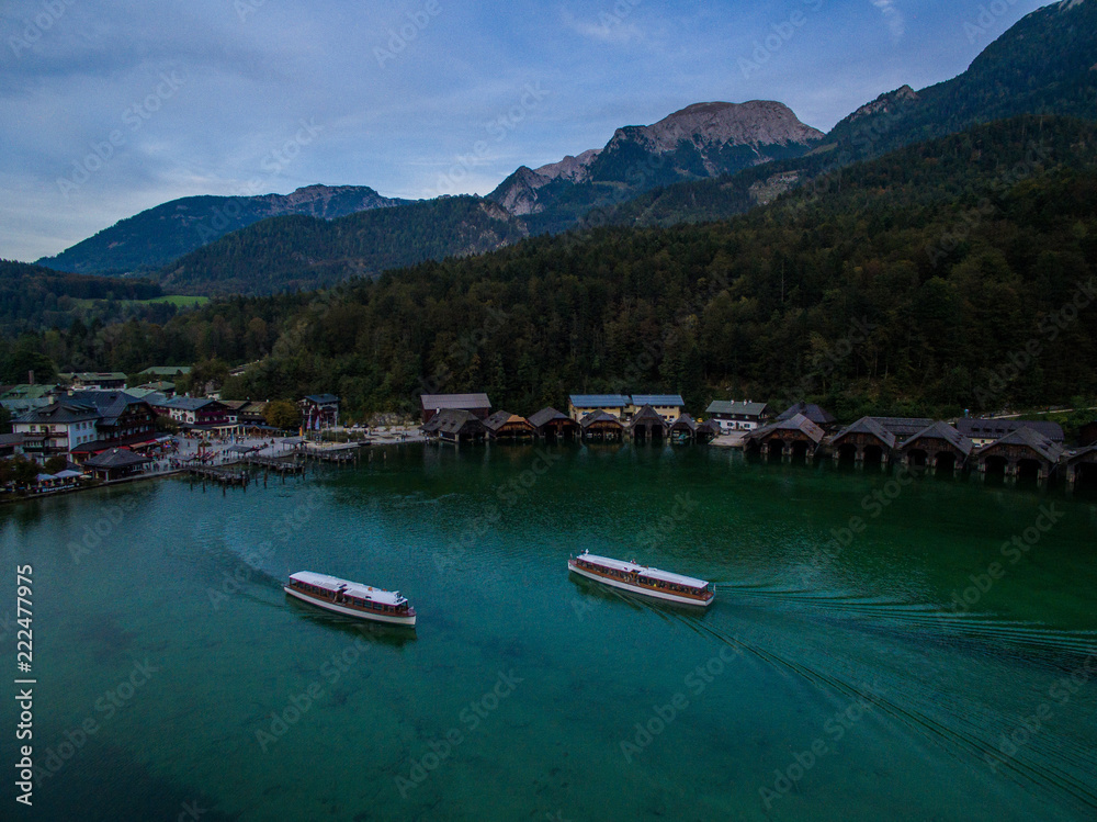 königssee waterfall alps bayern forrest drone aerial shot nature wanderlust boat mountains harbour