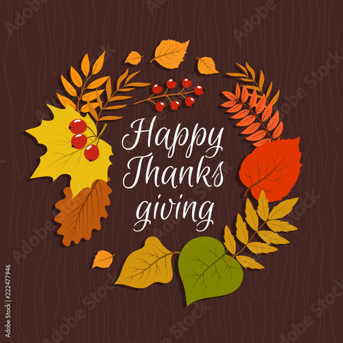Happy thanksgiving. Autumn leaves november nature background. September decorations sticker banner, vintage vector invitation. Illustration of fall holiday seasonal, traditional banner with leaf