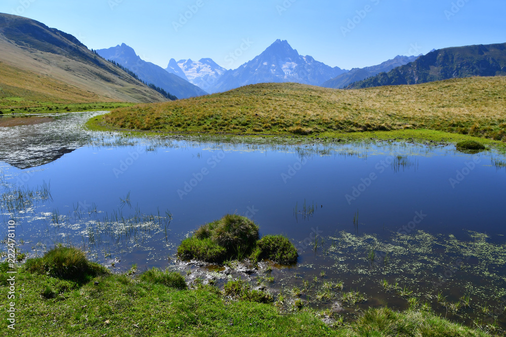 Russia, Caucasus, Arkhyz.  Small unnamed lake on the plateau Gabulu in summer