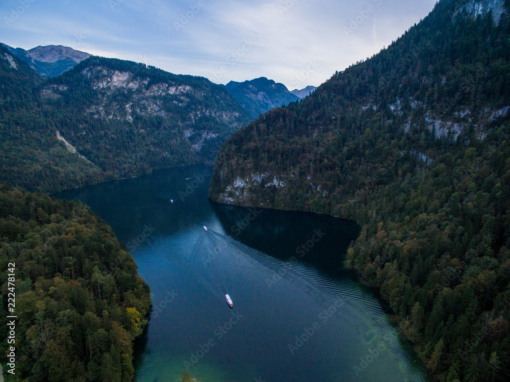 königssee waterfall alps bayern forrest drone aerial shot nature wanderlust boat mountains panorama