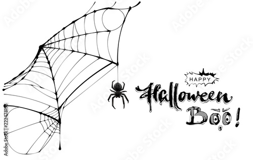 Spider web and text happy halloween boo greeting card