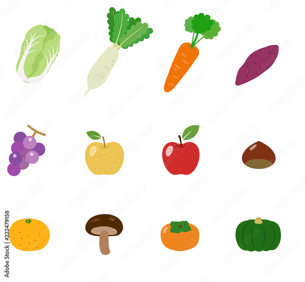 秋 冬の野菜と果物 アイコンイラスト Stock Vector Adobe Stock