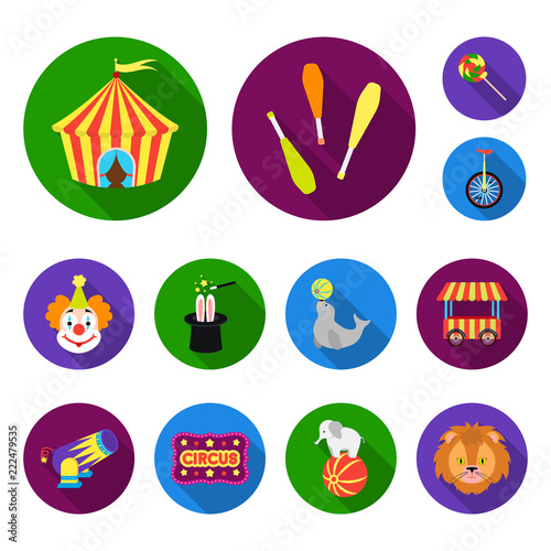 Circus and attributes flat icons in set collection for design. Circus Art vector symbol stock web illustration.