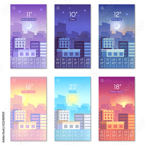 Day and night. Cartoon daytime phone wallpaper with city buildings, sun, moon and stars sky. Smartphone screen weather vector backdrop