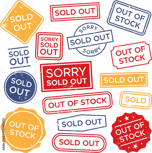 Sold out stamps. Out of stock rubber stamp, red rectangular shopping label and sales badge tag vector set