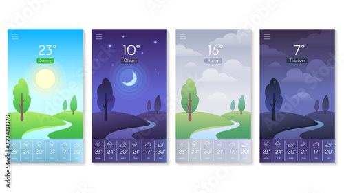 Landscape for weather app. Beautiful daytime sky with sun, moon and clouds. Morning and day background for mobile screen vector concept