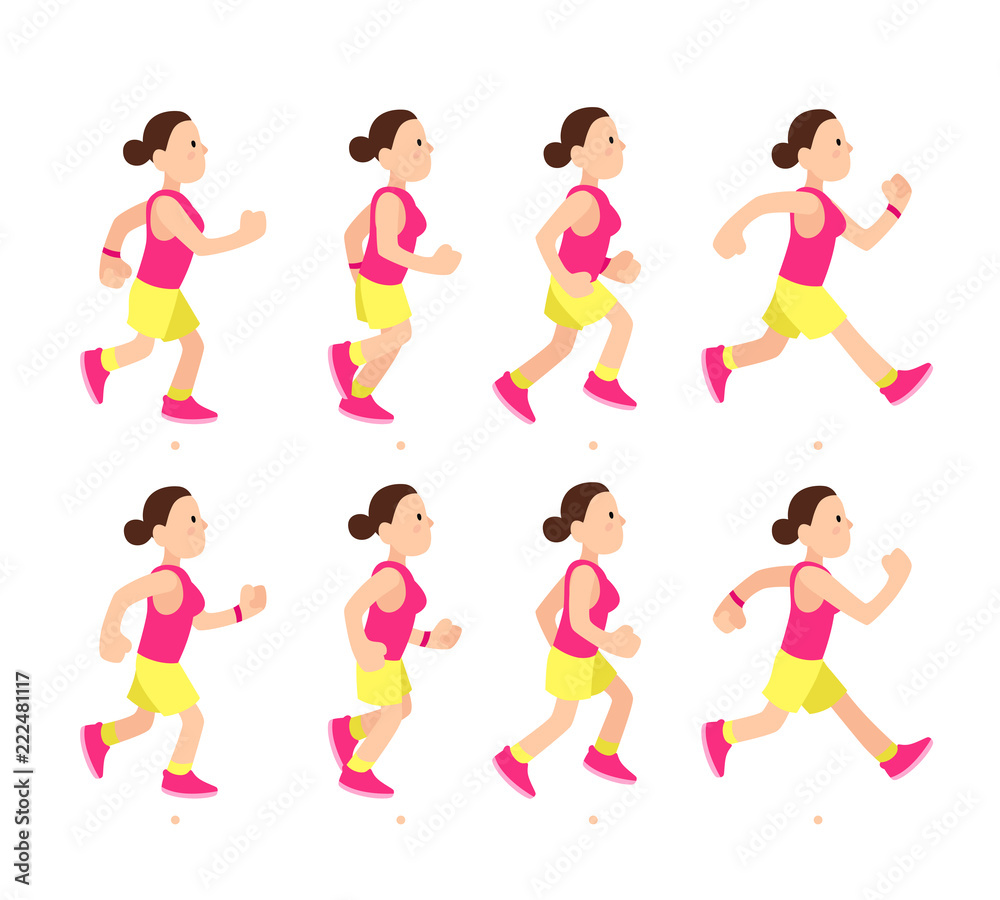 Cartoon running girl animation. Athletic young woman character run or fast walk. Animated motion sport walking vector illustration