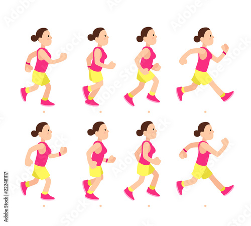 Cartoon running girl animation. Athletic young woman character run or fast walk. Animated motion sport walking vector illustration