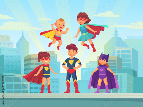 Superhero kids team. Comic hero kid in super costume with cloak on urban roof. Children superheroes vector cartoon illustration