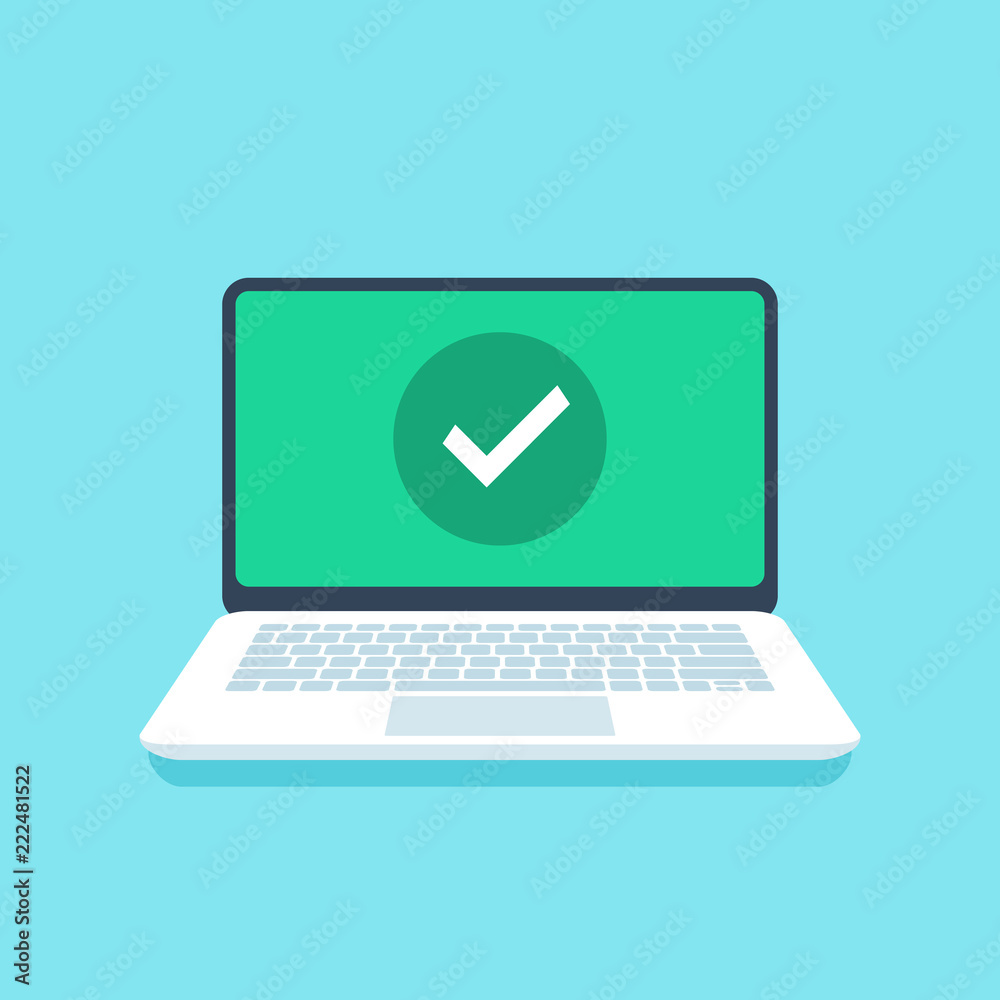 Check mark on laptop screen. Success tick icon or confirmation notification on open laptop display flat vector illustration Check mark on laptop screen. Success tick icon or confirmation notification on open laptop display flat vector illustration