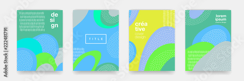 Abstract fun dot pattern cartoon texture for doodle geometric background. Vector green, blue, yellow trend shape for brochure cover template design