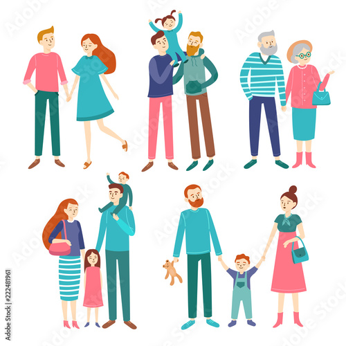 Family couples. Father and mother with children, brother and sister. Members of homosexual families, young or elderly couple vector set
