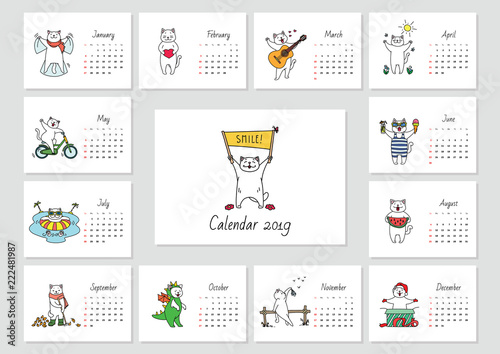 Smile  Monthly calendar 2019 template with a cute white cat enjoying seasons. Vector illustration 8 EPS.