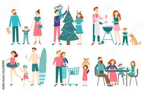 Flat family people. Father, mother and kids together celebrate christmas or rest on beach. Couple with children on shopping vector set